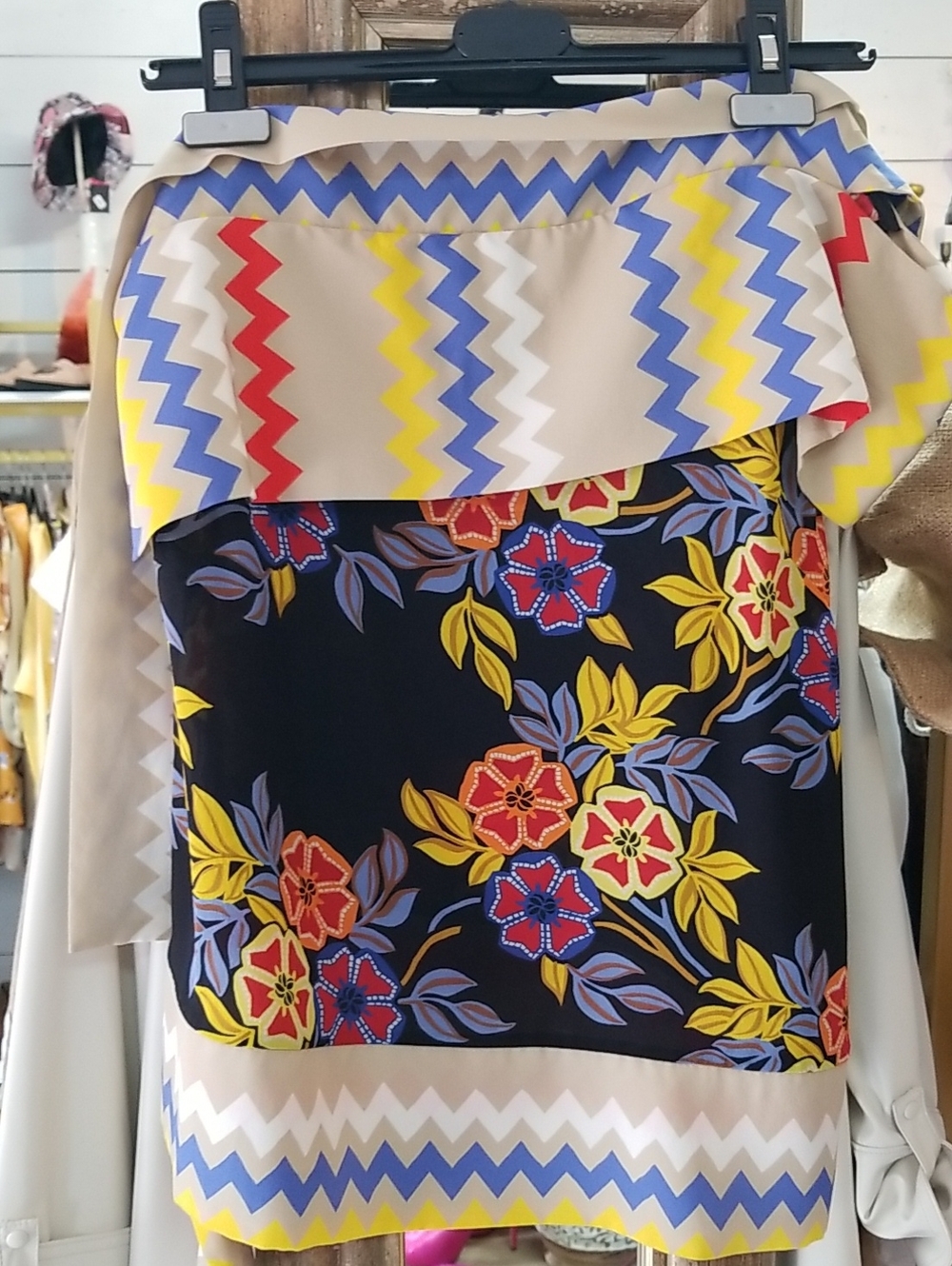 MSGM Black Floral Off-Shoulder Top with Yellow, Red & Blue Accents